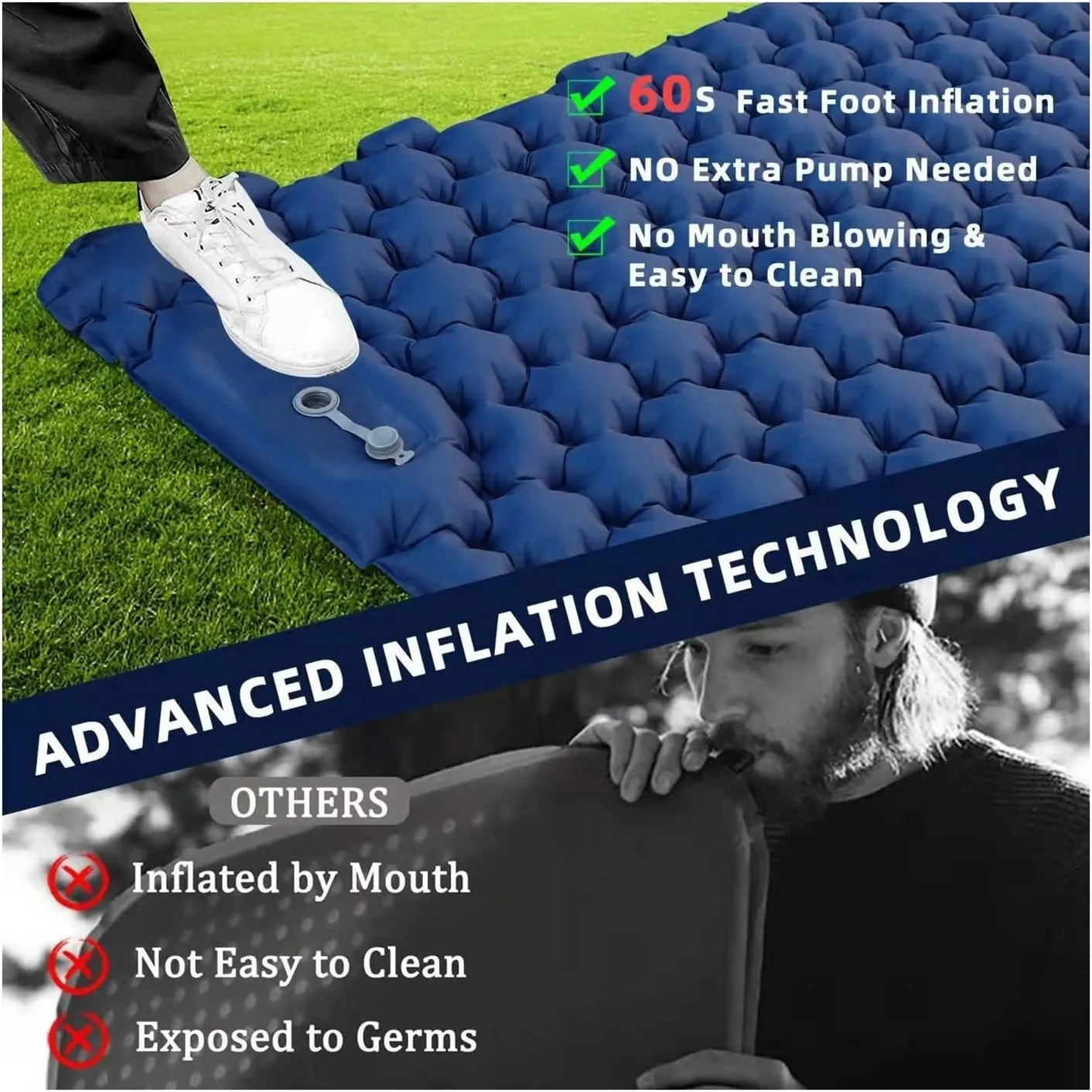 Inflatable Mattress 2 Person Camping Mat with Air Pillow Portable Air Mattress Watertight Backpacking Sleeping Pad (Color : Electric Pump, Size : A)