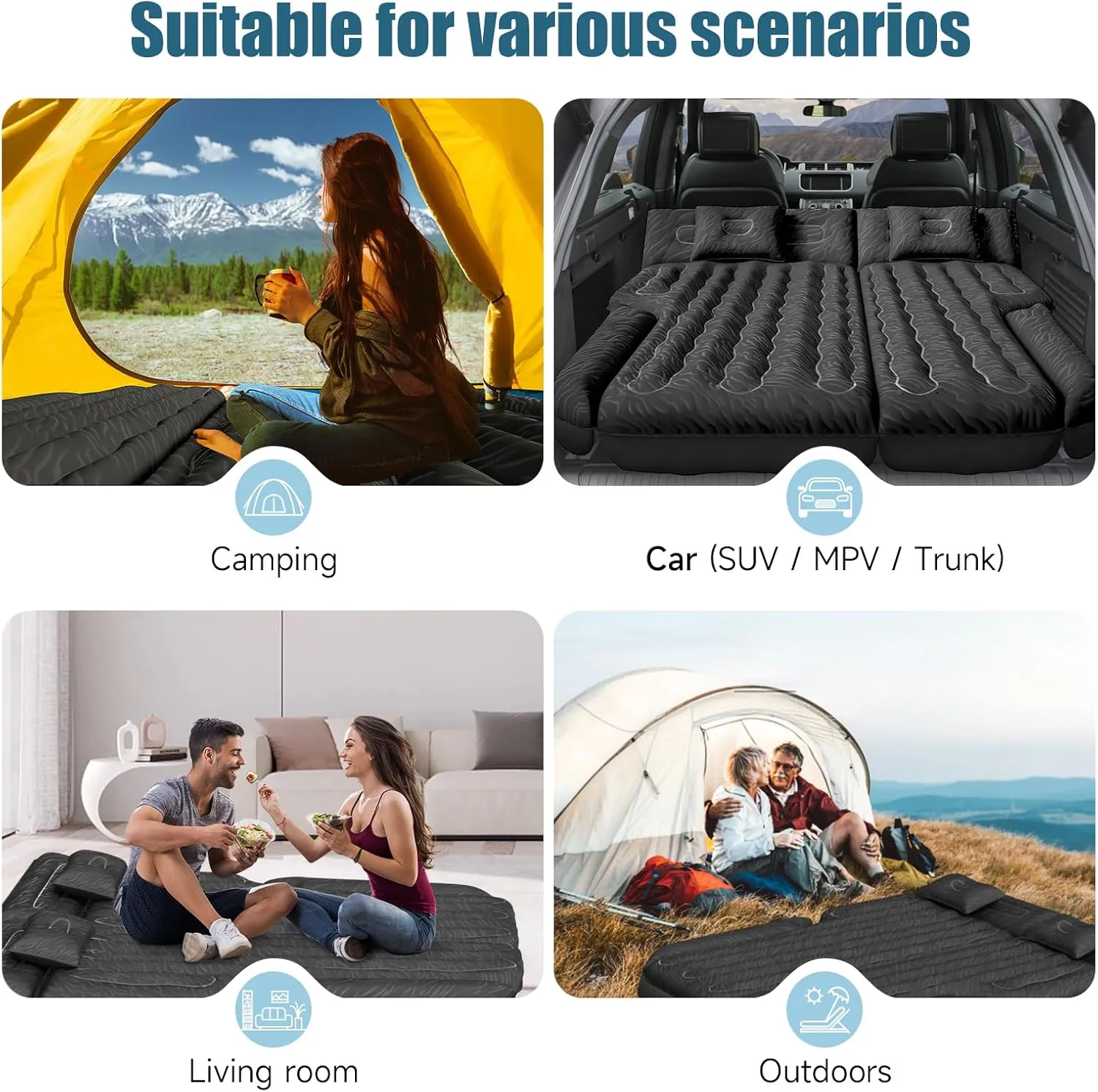Inflatable SUV Air Mattress: Double-Sided Flocking Car Mattresses for Back SUV, Travel Camping SUV Sleeping Bed Mattress with Air Pump 2 Pillows