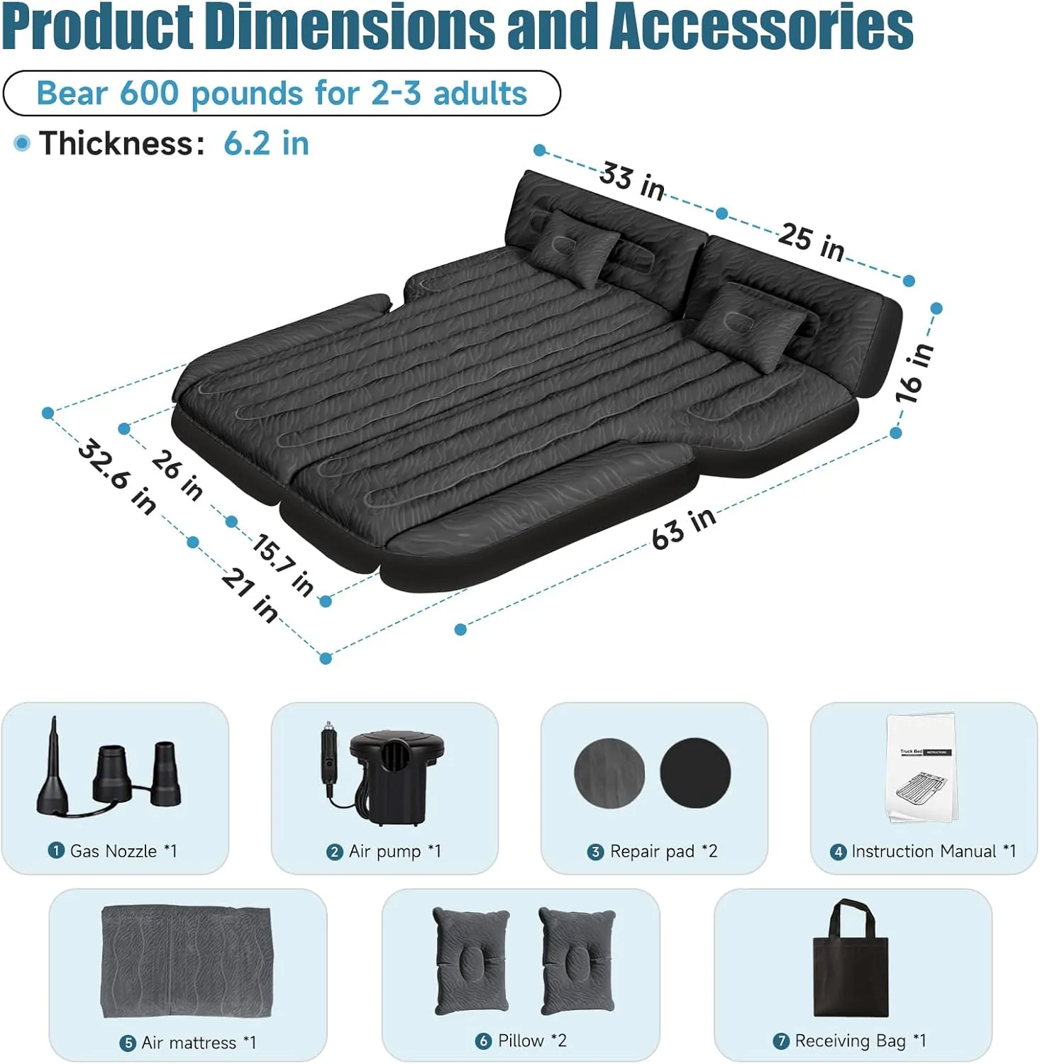 Inflatable SUV Air Mattress: Double-Sided Flocking Car Mattresses for Back SUV, Travel Camping SUV Sleeping Bed Mattress with Air Pump 2 Pillows