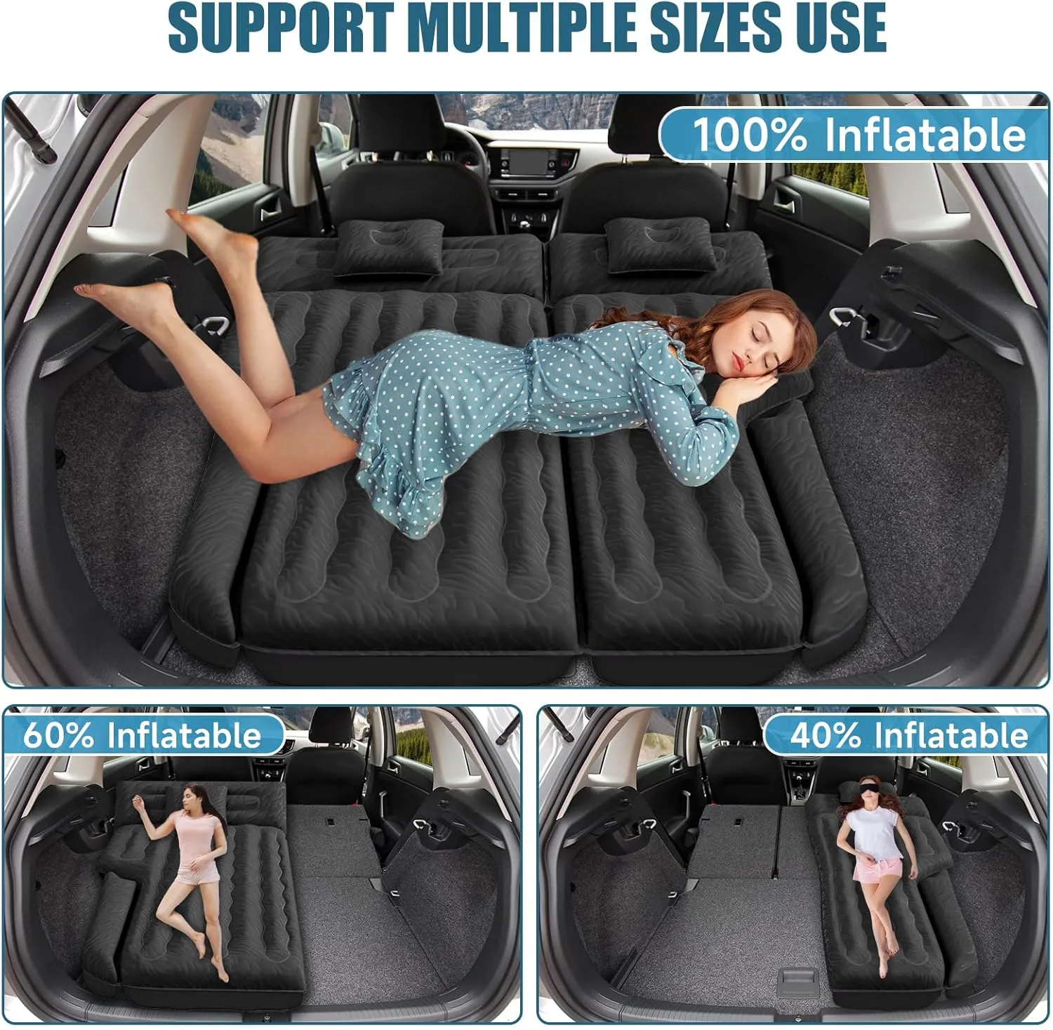 Inflatable SUV Air Mattress: Double-Sided Flocking Car Mattresses for Back SUV, Travel Camping SUV Sleeping Bed Mattress with Air Pump 2 Pillows