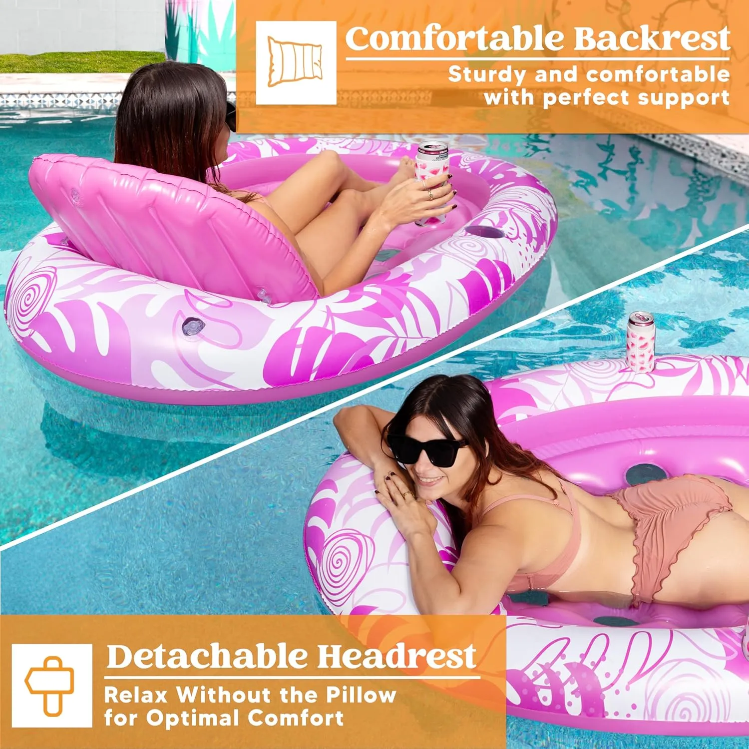 Inflatable Tanning Pool Floats Adult - Sloosh Oval Tanning Float Lounger for Adults Floating Raft, Sunbathing Bed Mat Pad Lake Beach Swimming Pool Blow Up Sun Tan Tube with Backrest Cup Holders (Pink)