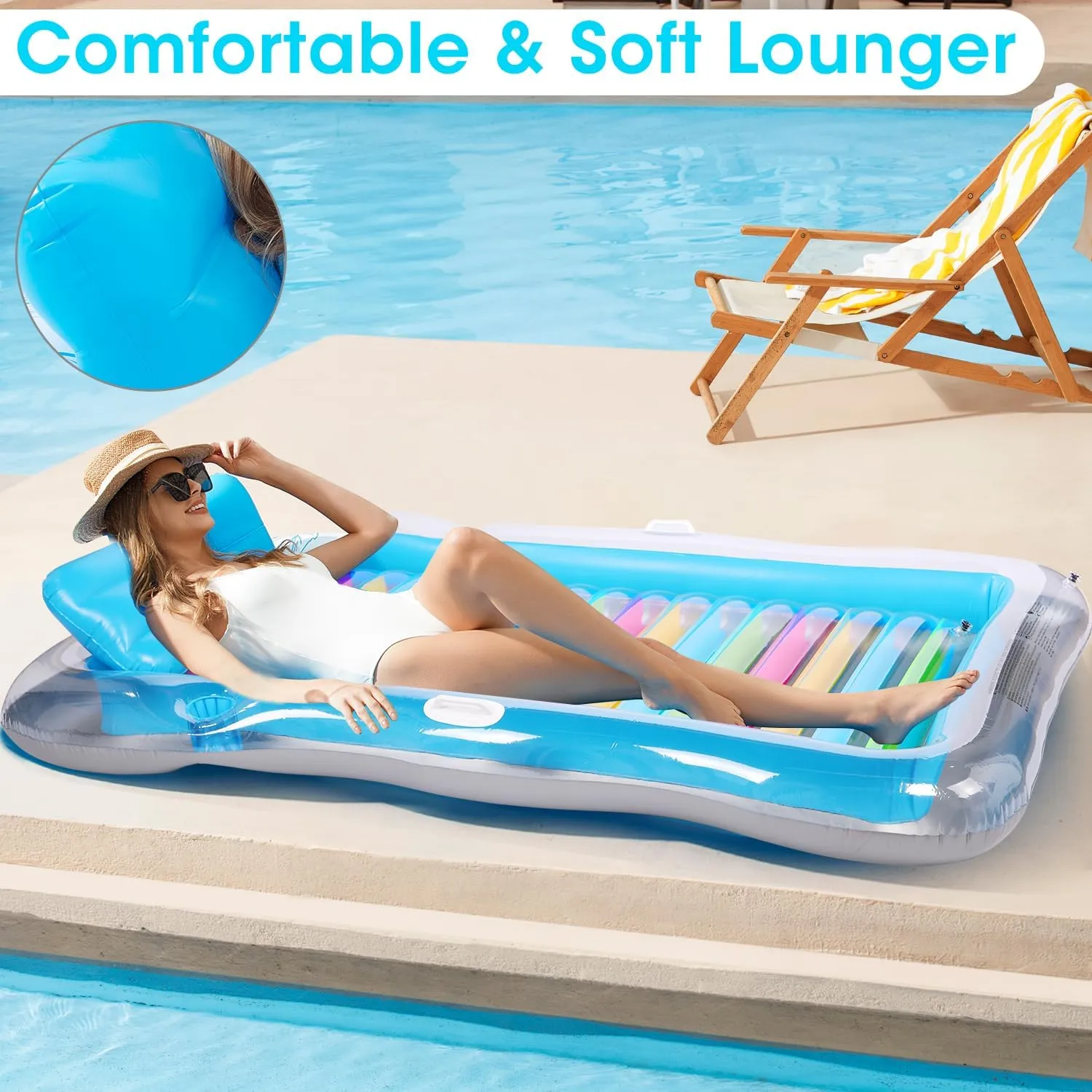 Inflatable Tanning Pool Lounger Float Adults, BAIAI Large Pool Floaties Rafts for Adults with Headrest Drink Holder Sun Tanning Floats for Swimming Pool Lake River Beach Blow Up Floats (L)