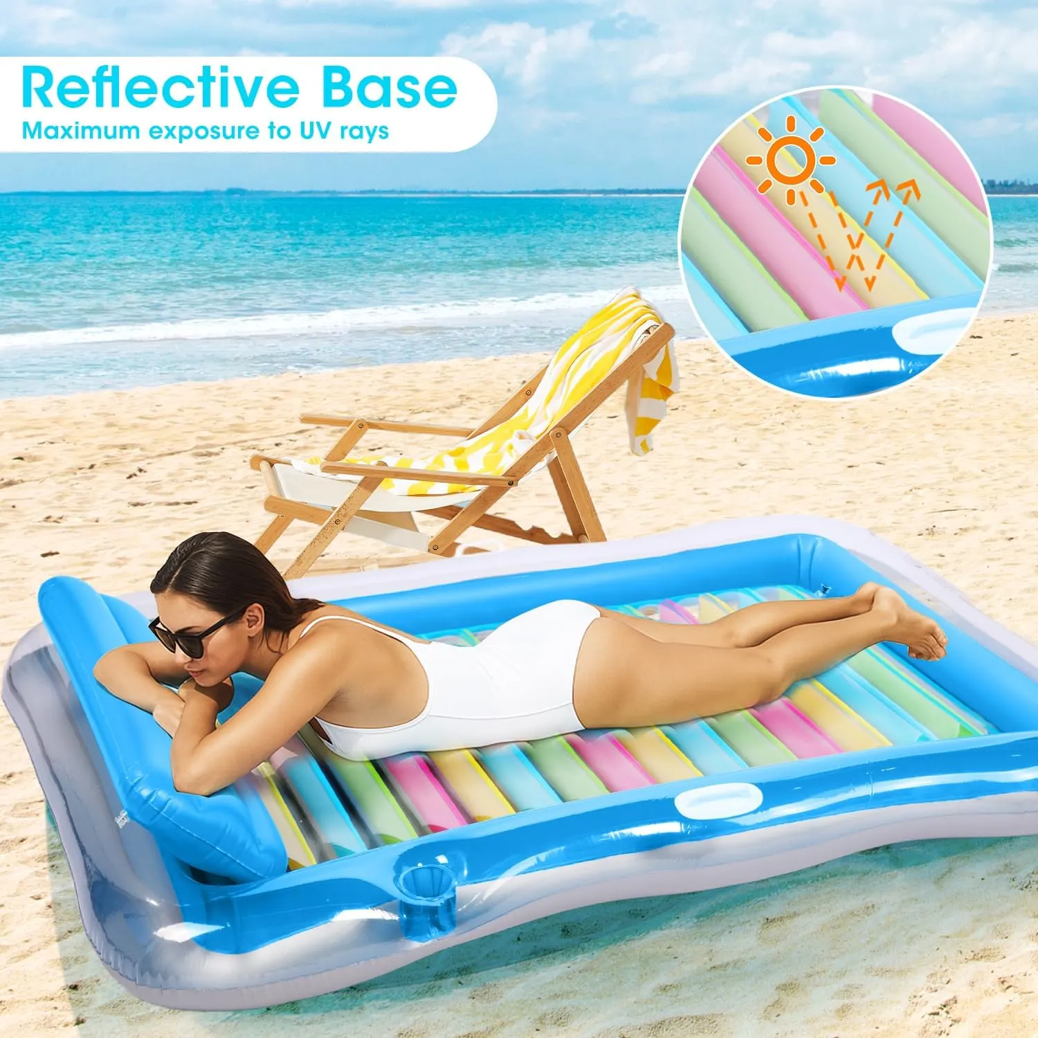 Inflatable Tanning Pool Lounger Float Adults, BAIAI Large Pool Floaties Rafts for Adults with Headrest Drink Holder Sun Tanning Floats for Swimming Pool Lake River Beach Blow Up Floats (L)