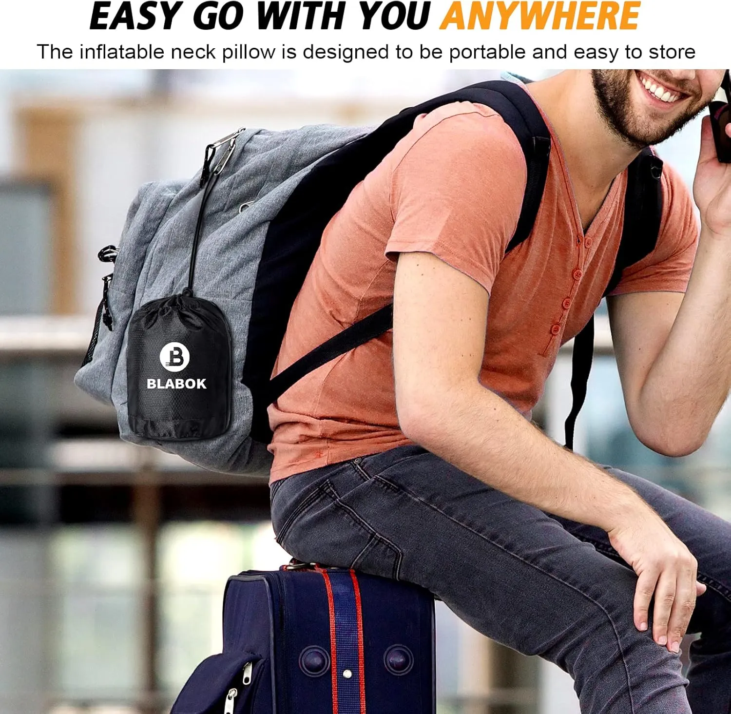 Inflatable Travel Pillow,Multifunction Travel Neck Pillow for Airplane to Avoid Neck and Shoulder Pain,Support Head,Neck,Used for Sleeping Rest, Airplane and Home Use,with Eye Mask, Earplugs,Blue