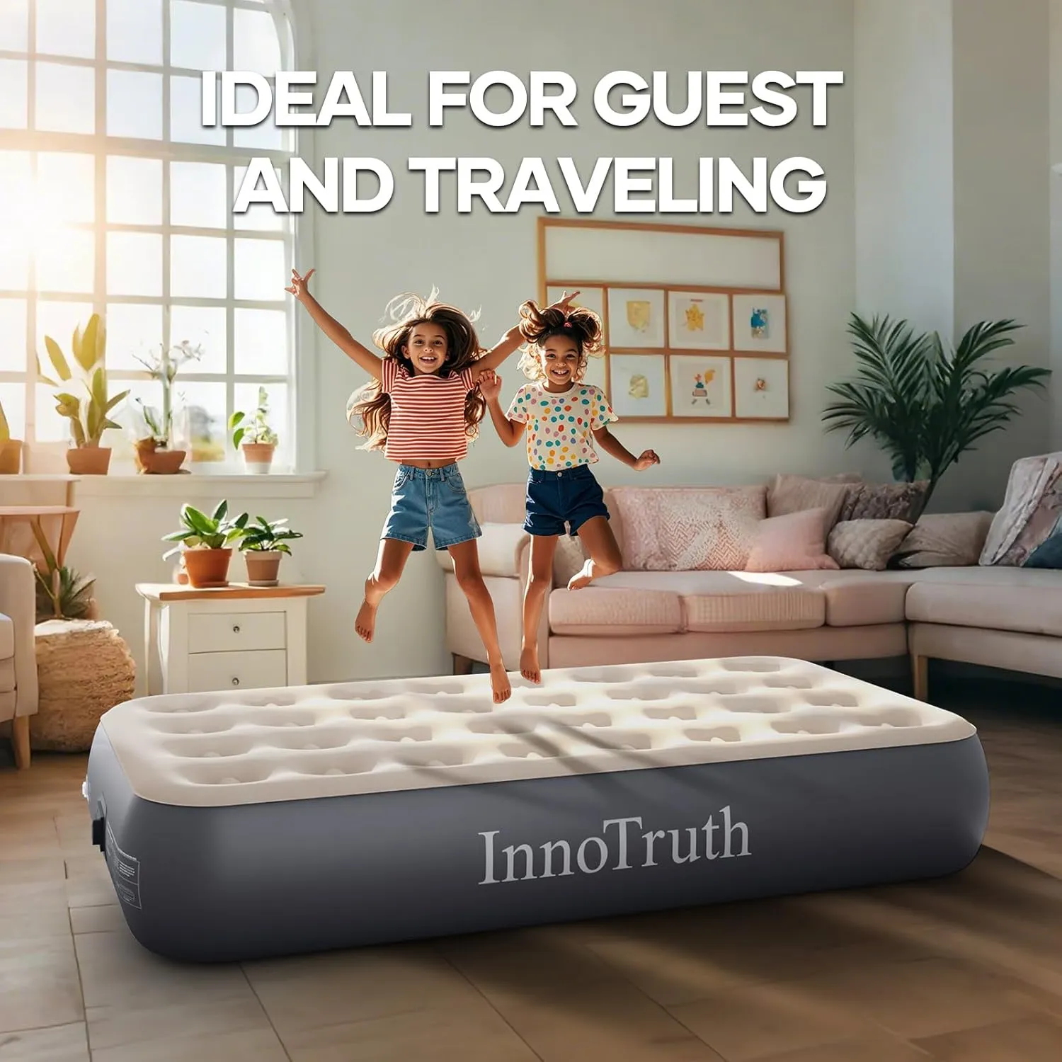 InnoTruth Twin Camping Air Mattress with Built-in Pump, Durable Inflatable Mattress for Home & Guests, 13" Raised Comfort, Gift for Mom, Ideal for Travel, Dark Gray