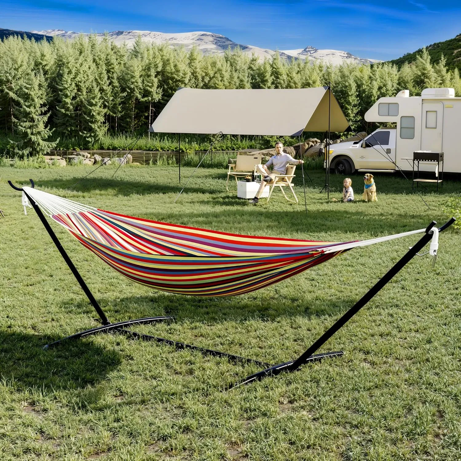 Instant-Setup 2-Person Hammock with Reinforced Steel Frame – Portable Outdoor Lounger for Garden, Camping & Beach (450lb Capacity   Quick-Fold Carry Bag),Yellow Rainbow Stripe