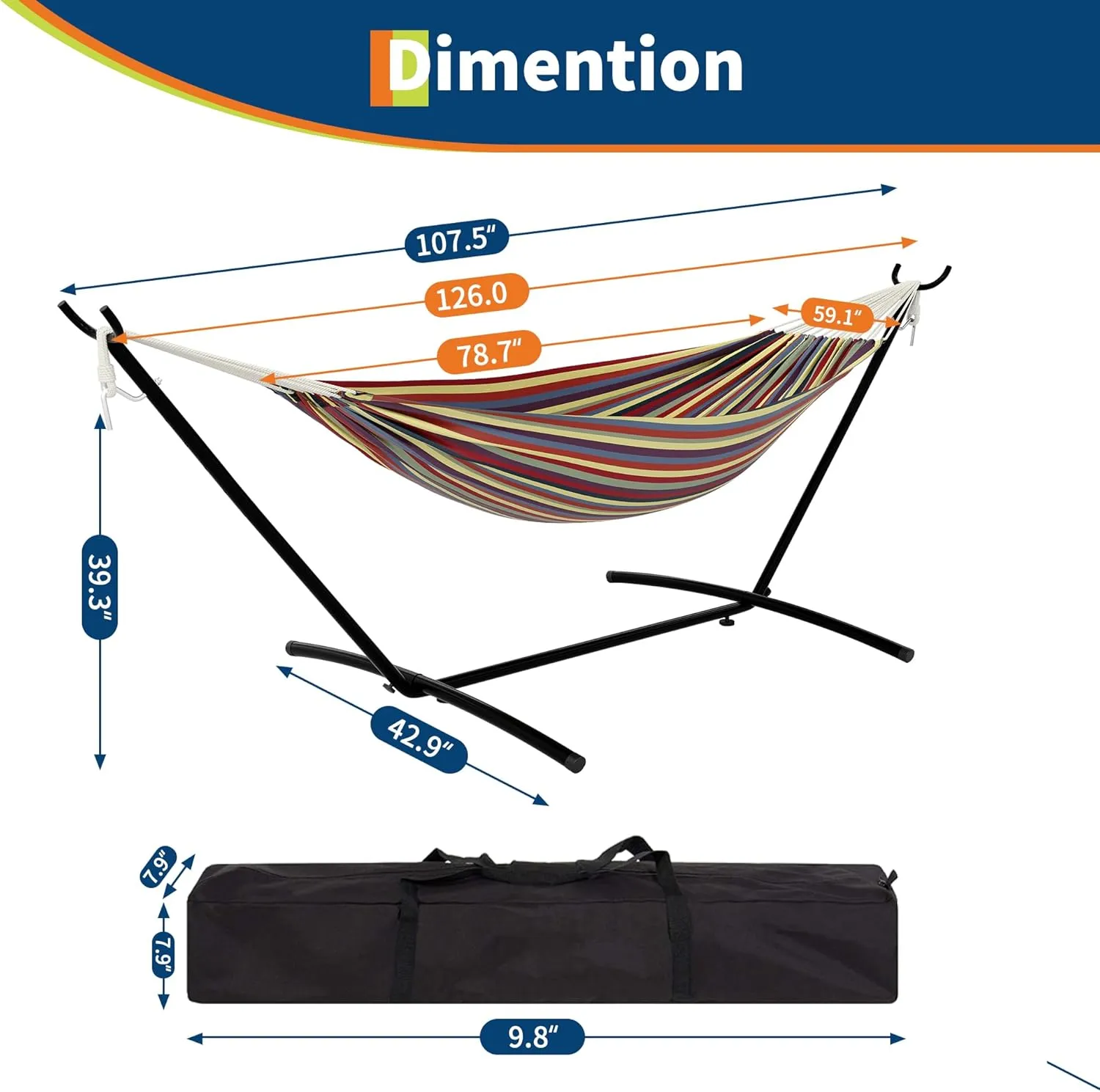 Instant-Setup 2-Person Hammock with Reinforced Steel Frame – Portable Outdoor Lounger for Garden, Camping & Beach (450lb Capacity   Quick-Fold Carry Bag),Yellow Rainbow Stripe