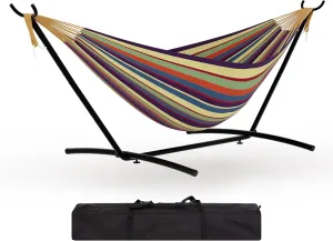 Instant-Setup 2-Person Hammock with Reinforced Steel Frame – Portable Outdoor Lounger for Garden, Camping & Beach (450lb Capacity   Quick-Fold Carry Bag),Yellow Rainbow Stripe