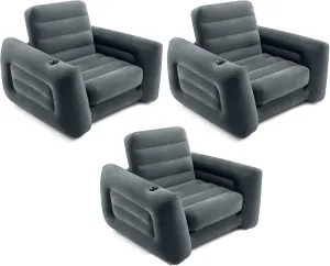 Intex 2 in 1 Inflatable Pull Out Sofa Chair and Twin Air Bed Mattress with Cup Holders for Indoor and Outdoor Use for Adults (3 Pack), Charcoal