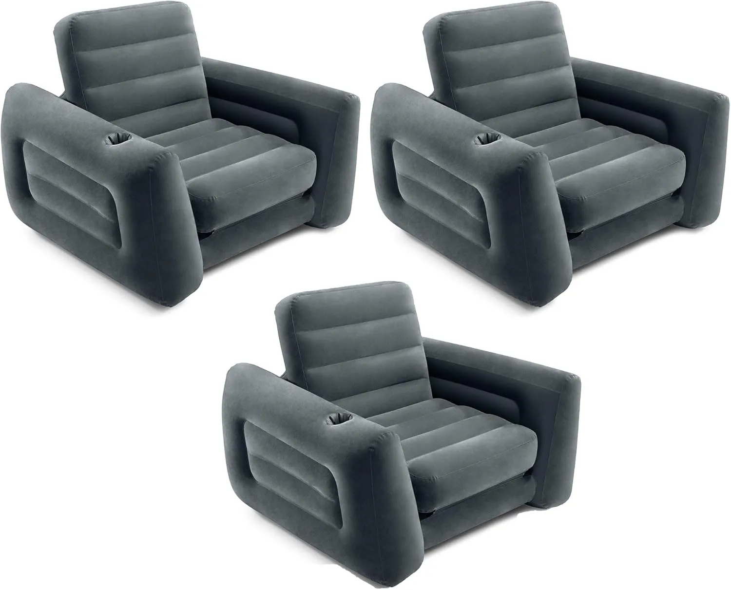 Intex 2 in 1 Inflatable Pull Out Sofa Chair and Twin Air Bed Mattress with Cup Holders for Indoor and Outdoor Use for Adults (3 Pack), Charcoal