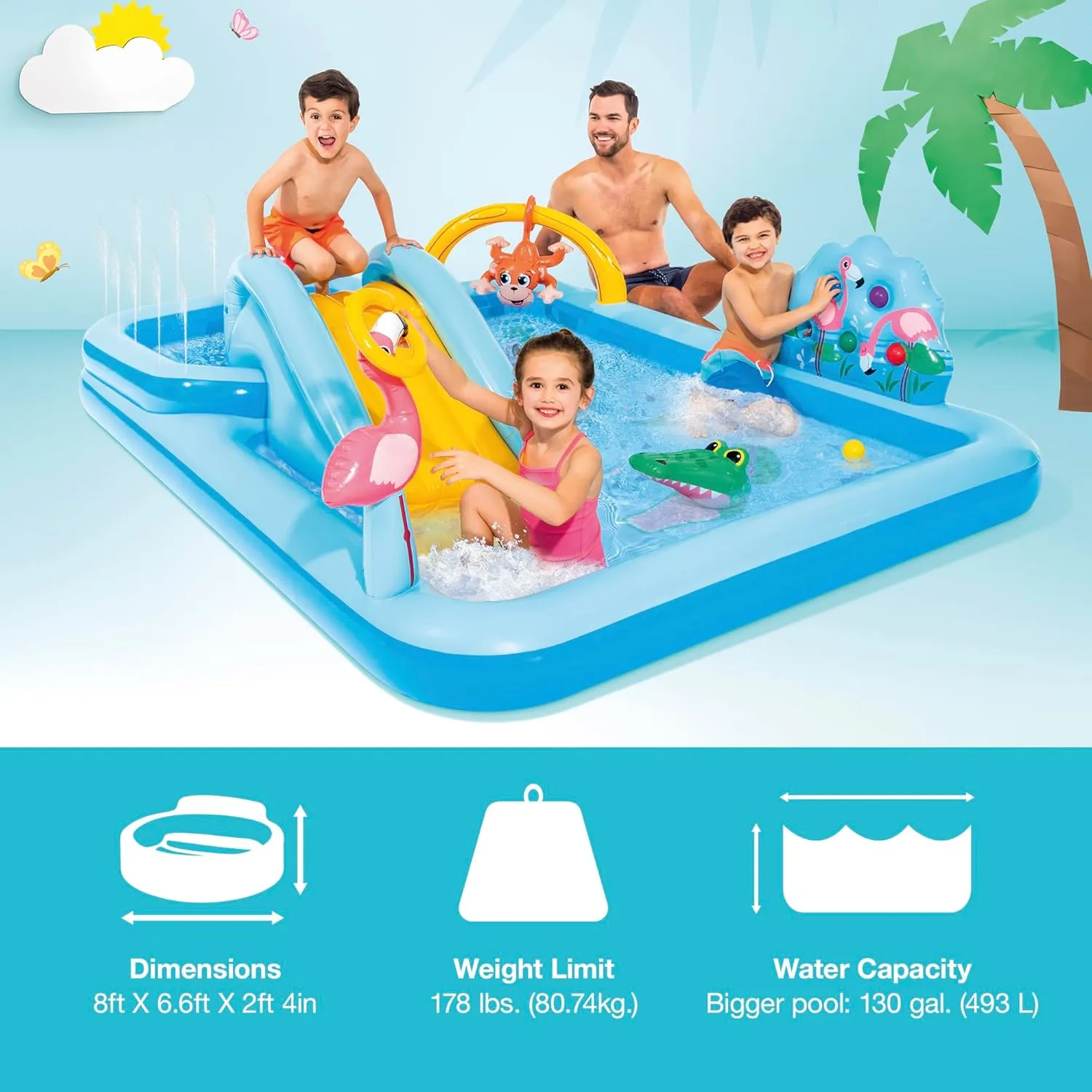 Intex 96" x 78" x 28" Inflatable Jungle Adventure Play Center Spray Kiddie Pool - Backyard Kids Water Slide, Outdoor Blow-Up Splash Pad for Toddlers