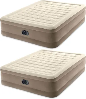 Intex Dura Beam Deluxe Ultra Plush 18 Inch Queen Bed Inflatable Air Mattress with Fiber Tech Construction and Built in Pump, Beige (2 Pack)