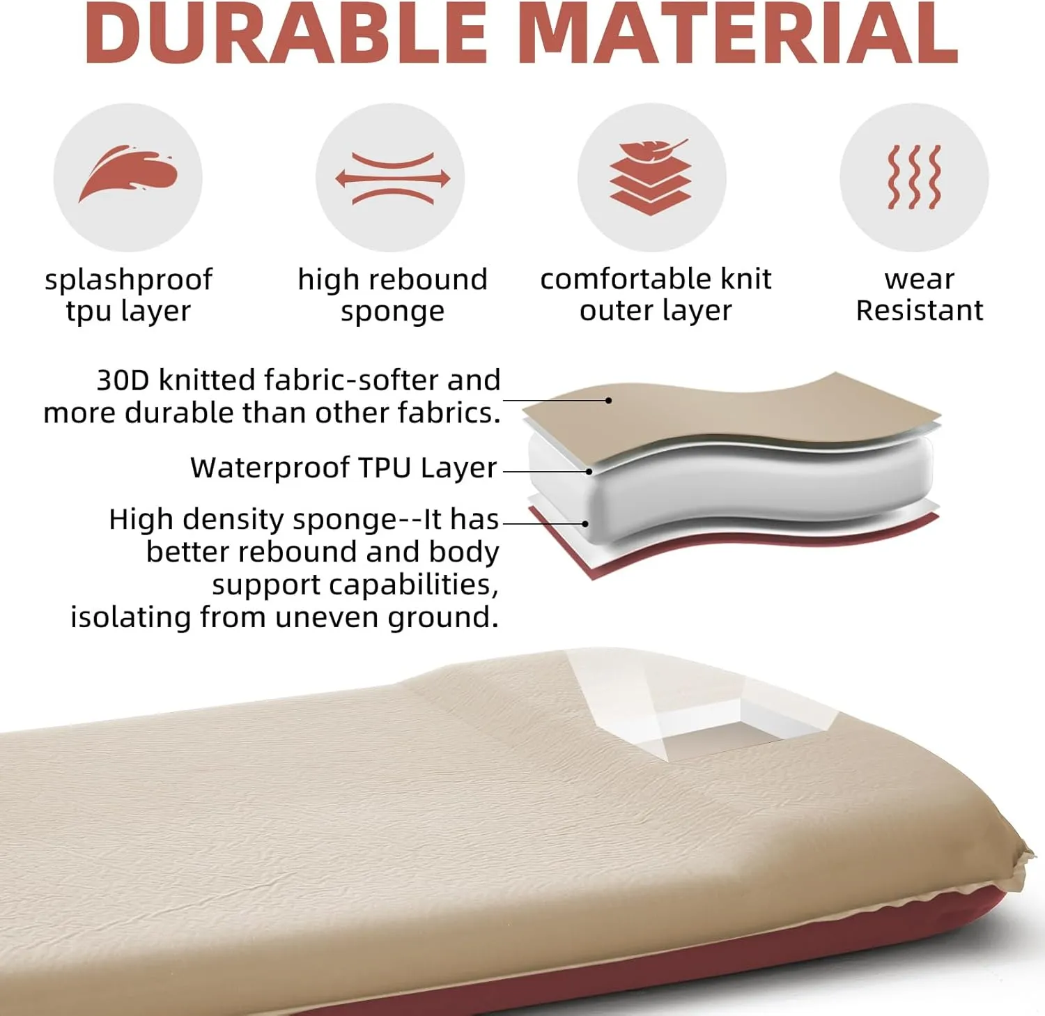 INVOKER 3.15" Self-Inflating Camping Sleeping Pad, Ultra-Thick Foam Fast Inflating Camping Mat Air Mattress with Pillow, 4-Season Insulated for Tent, Car, Camping, Travel, Khaki with Pink-Orange