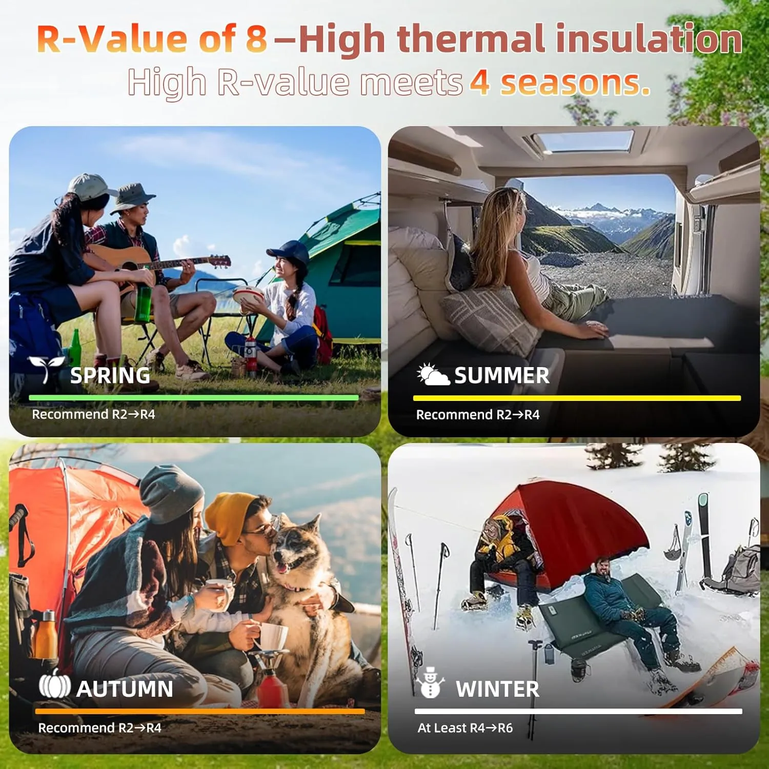 INVOKER 3.15" Self-Inflating Camping Sleeping Pad, Ultra-Thick Foam Fast Inflating Camping Mat Air Mattress with Pillow, 4-Season Insulated for Tent, Car, Camping, Travel, Khaki with Pink-Orange