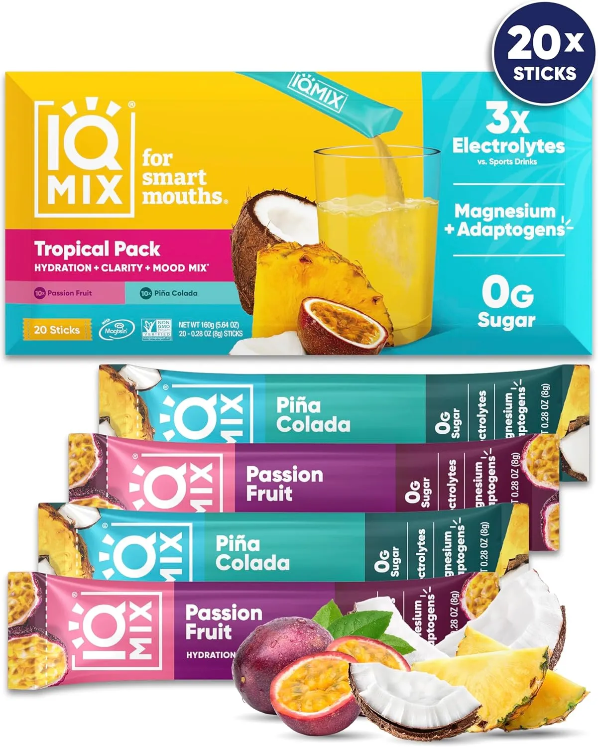IQMIX Hydration Electrolyte Powder – 4-in-1 Formula for Hydration, Mental Clarity, Mood and Recovery – Sugar-Free Drink Mix, Keto, Magnesium L-Threonate, Lion’s Mane – 20 Count Tropical Variety Pack