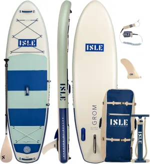 ISLE Grom Inflatable Stand Up Paddle Board for Children | Incl. Touring Center Fin, Backpack, Hand Pump, Paddle - Max 140 lbs. - Durable Stable Kid Paddle Board Child Size Sup