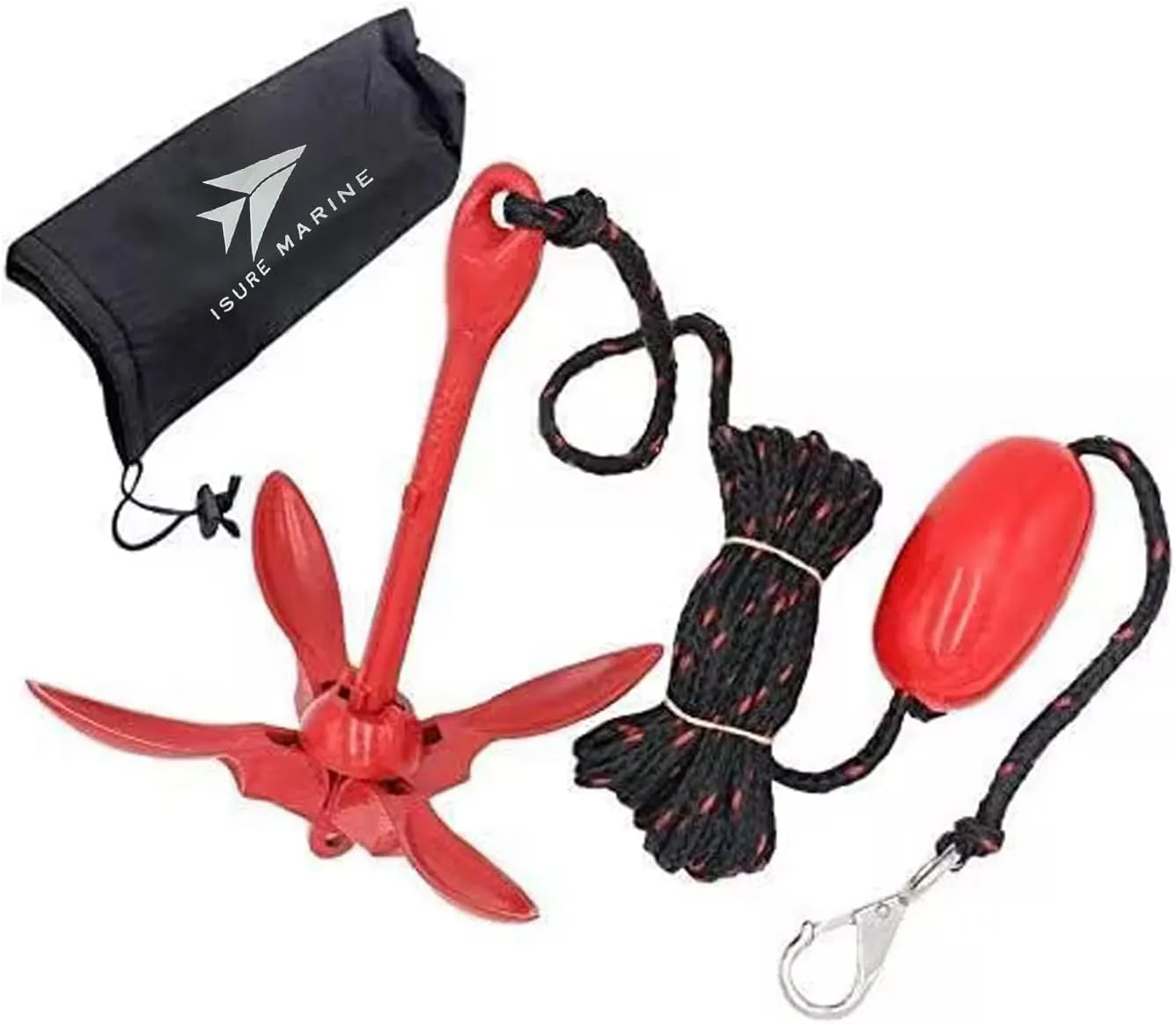 ISURE MARINE Kayak Anchor Kits Portable Folding Grapnel Anchor Buoy Kit Canoe Kayak Raft Boat Sailboat Fishing 3.5 lbs Marine Rope for Small Boats, Kayaks Jet Ski (Red or Green)