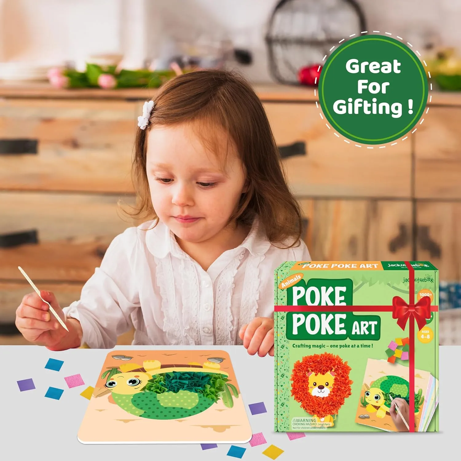 jackinthebox Poke Poke Art – Animals Theme Like Tortoise, Snail, Lion, Owl, Macaw, Butterfly, Mess-Free Sewing Art for Kids, Toys for Girls and Boys Ages 4 5 6 7 8, Great Gift for Children