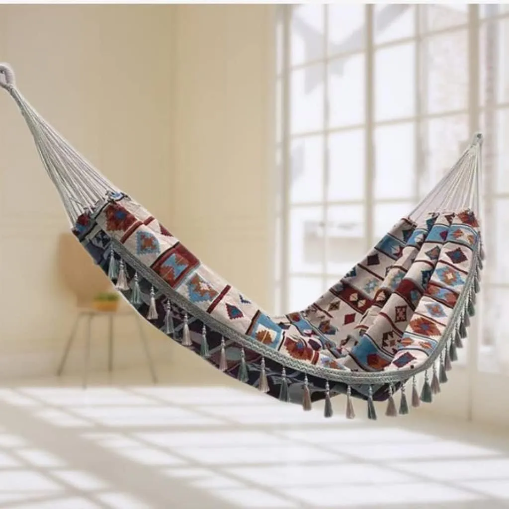 Jacquard Retro Geometric Canvas Hammock Double Outdoor Supplies Indoor Camping Tassel Swing (Color : A)
