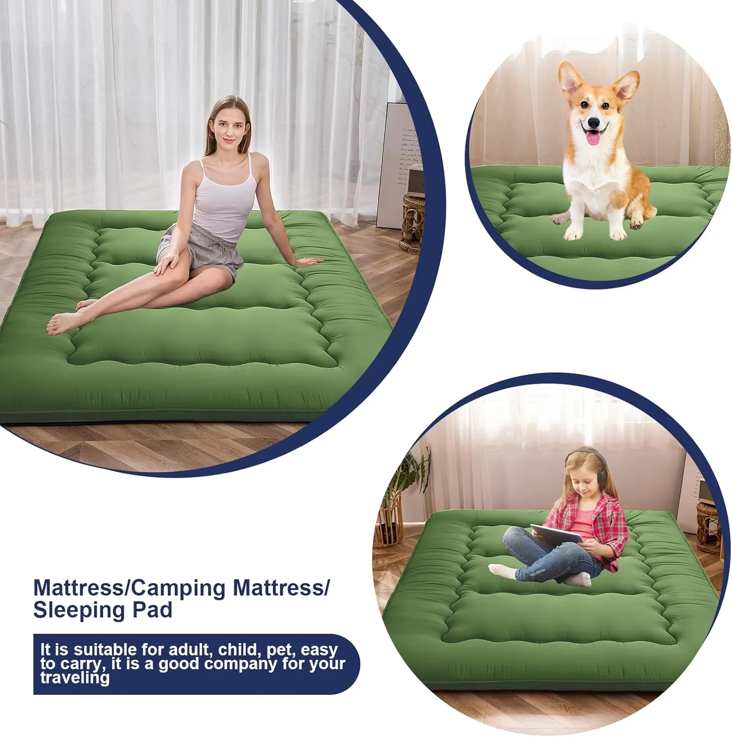 Japanese Floor Mattress,Thicken Japanese Floor Sleeping Pad Foldable,Roll Up Tatami Mat Easy to Store and Portable,Futon Mattress Suitable for Camping and Guest Room (greens, Full (80" X 47"))