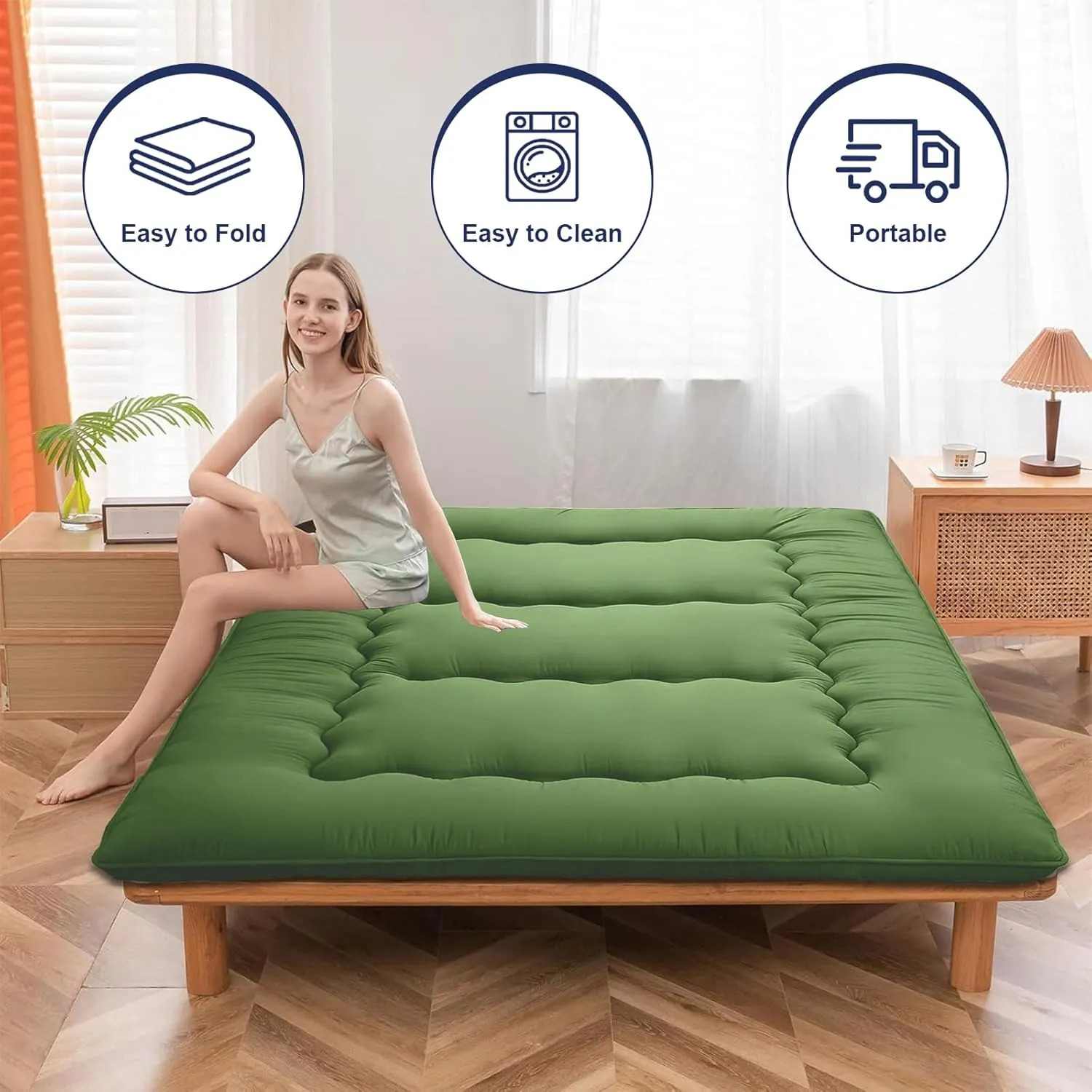 Japanese Floor Mattress,Thicken Japanese Floor Sleeping Pad Foldable,Roll Up Tatami Mat Easy to Store and Portable,Futon Mattress Suitable for Camping and Guest Room (greens, Full (80" X 47"))