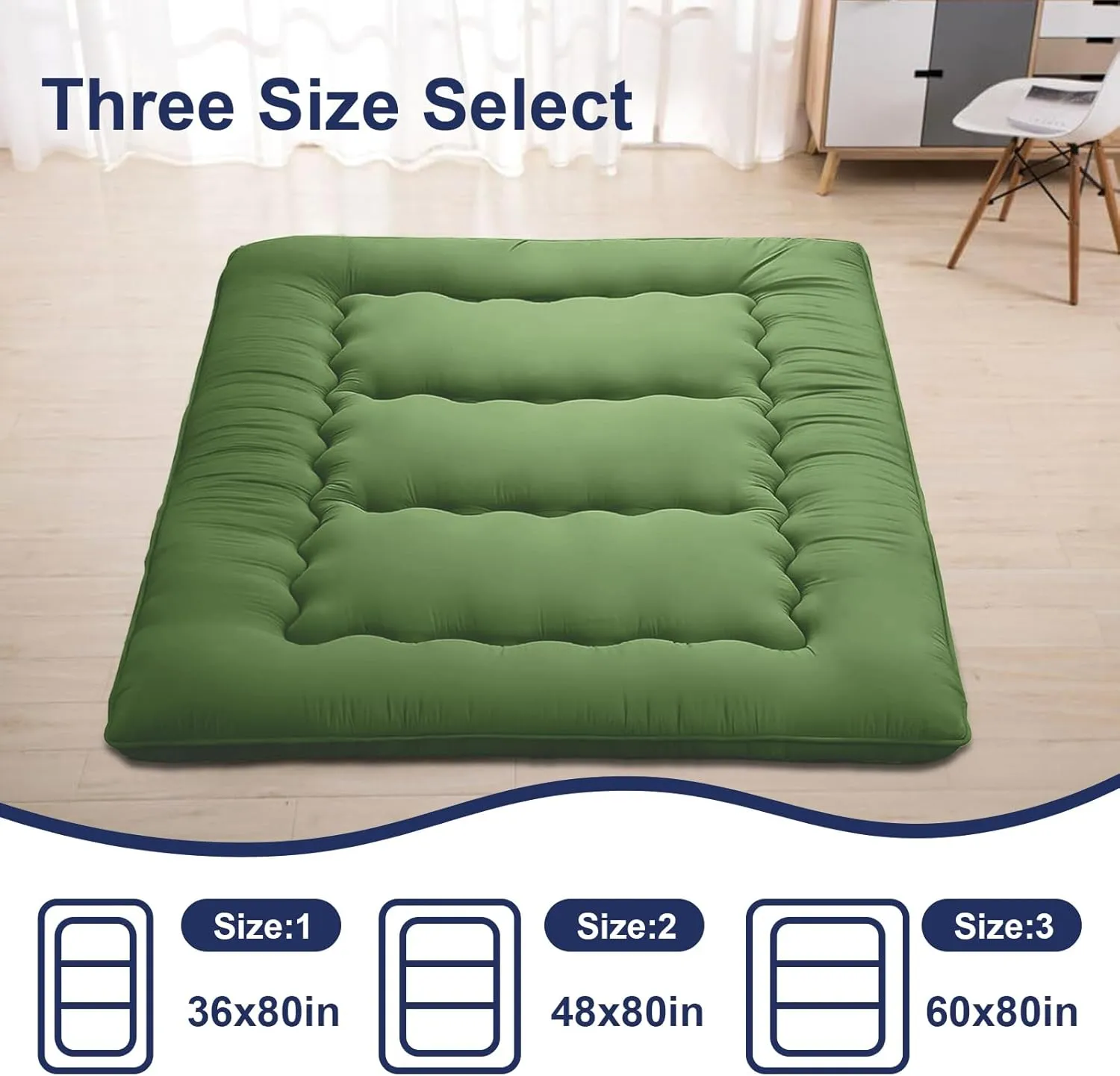 Japanese Floor Mattress,Thicken Japanese Floor Sleeping Pad Foldable,Roll Up Tatami Mat Easy to Store and Portable,Futon Mattress Suitable for Camping and Guest Room (greens, Full (80" X 47"))