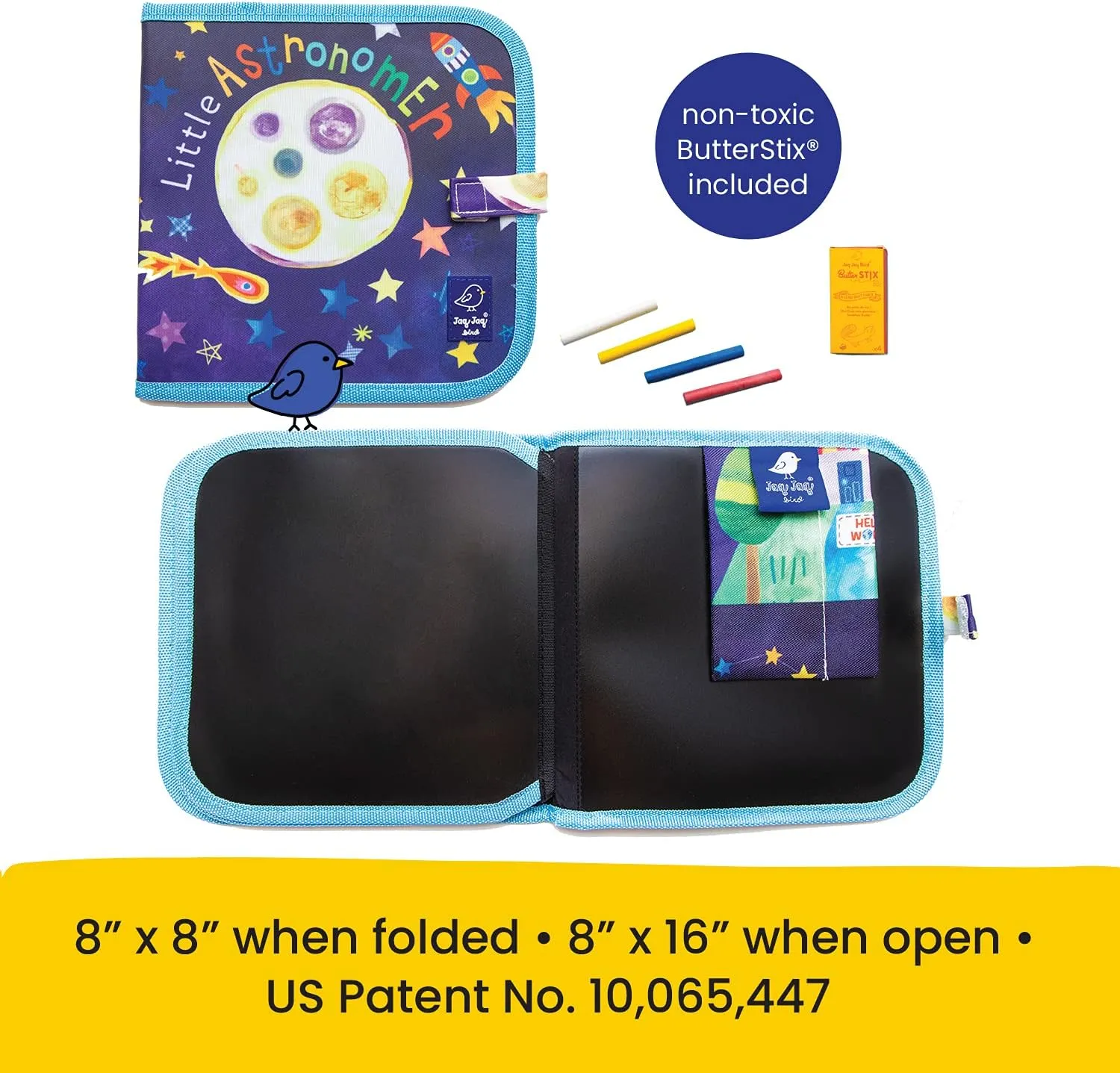 Jaq Jaq Bird Erasable Doodle Pad for Kids - Reusable Mess-Free Coloring and Toddler Learning Toys Set - Chalkboard and Drawing Books - Includes 4 ButterStix Chalks - Space