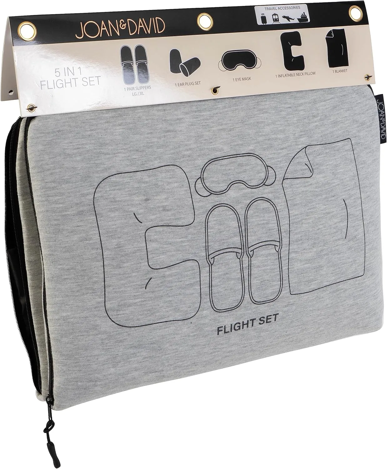 Joan & David 5 Piece Travel Kit Pouch With Blanket, Neck Pillow, Slippers, Eye Mask, Ear Plugs SIZE: SMALL/MEDIUM SLIPPERS (FITS MOST MEN/WOMENS SIZE 5-9 COLOR: GREY (JDP2442-024-GRY)