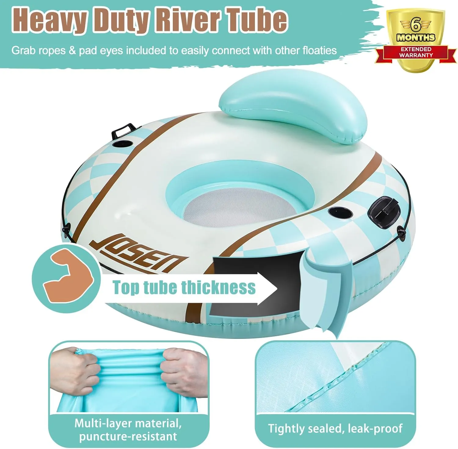 JOSEN River Floats for Adults Heavy Duty 350lb, XL River Tubes for Floating - 53" Large Pool Floats Adult with 2 Cup Holders, Inflatable Floating Tube, River Run Tube Lake Water Tubes