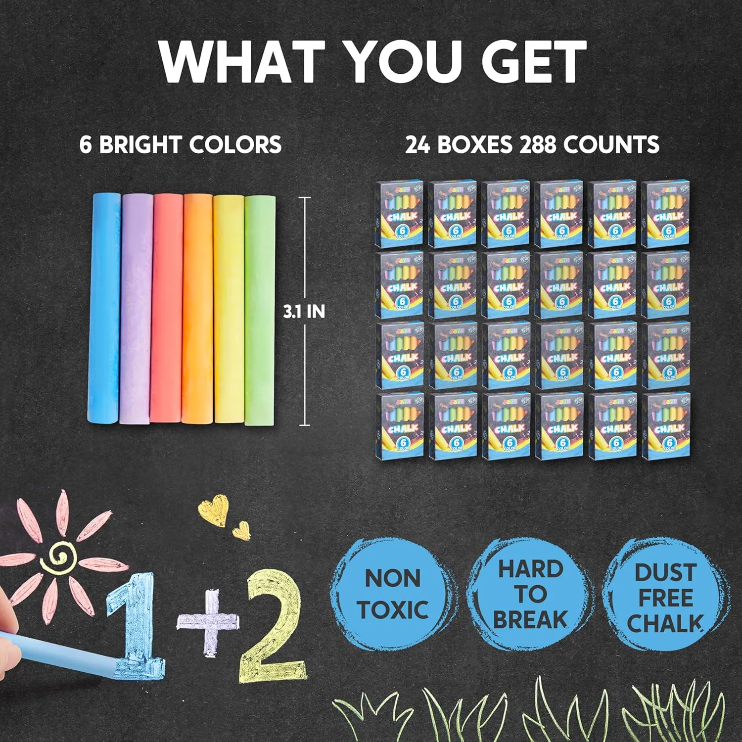 JOYIN 288 Counts Mini Chalk Set for Kids, Non-Toxic Chalks for Boys Girls 3 , School Supplies for Teachers, Goody Bag Fillers, Classroom Prizes Gifts (24 Boxes)