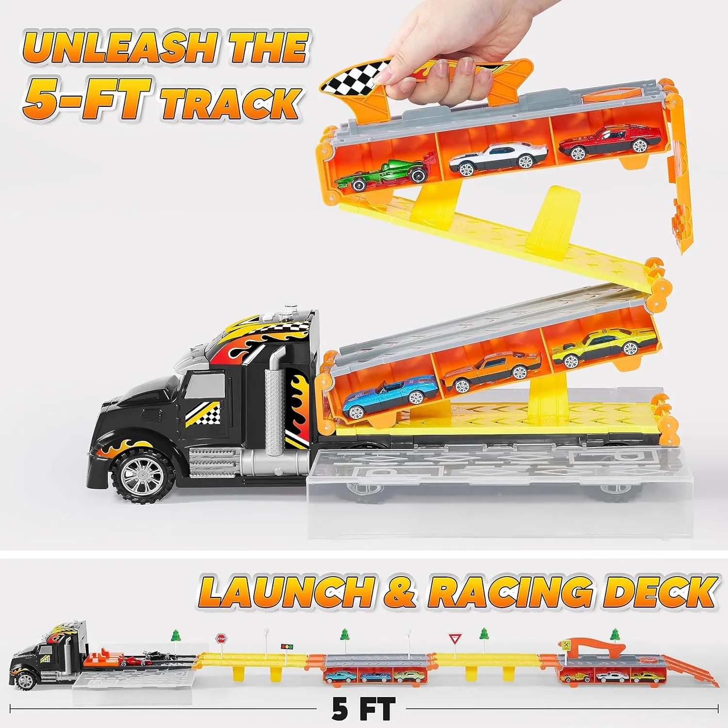 JOYIN Toy Truck for Kids,5-FT Race Track and 12 Die-Cast Metal Toy Cars, Racing Car with Lights & Sounds, Carrier Truck Playset Gift for 2 3 4 5 Years Old Boys and Girls-Black