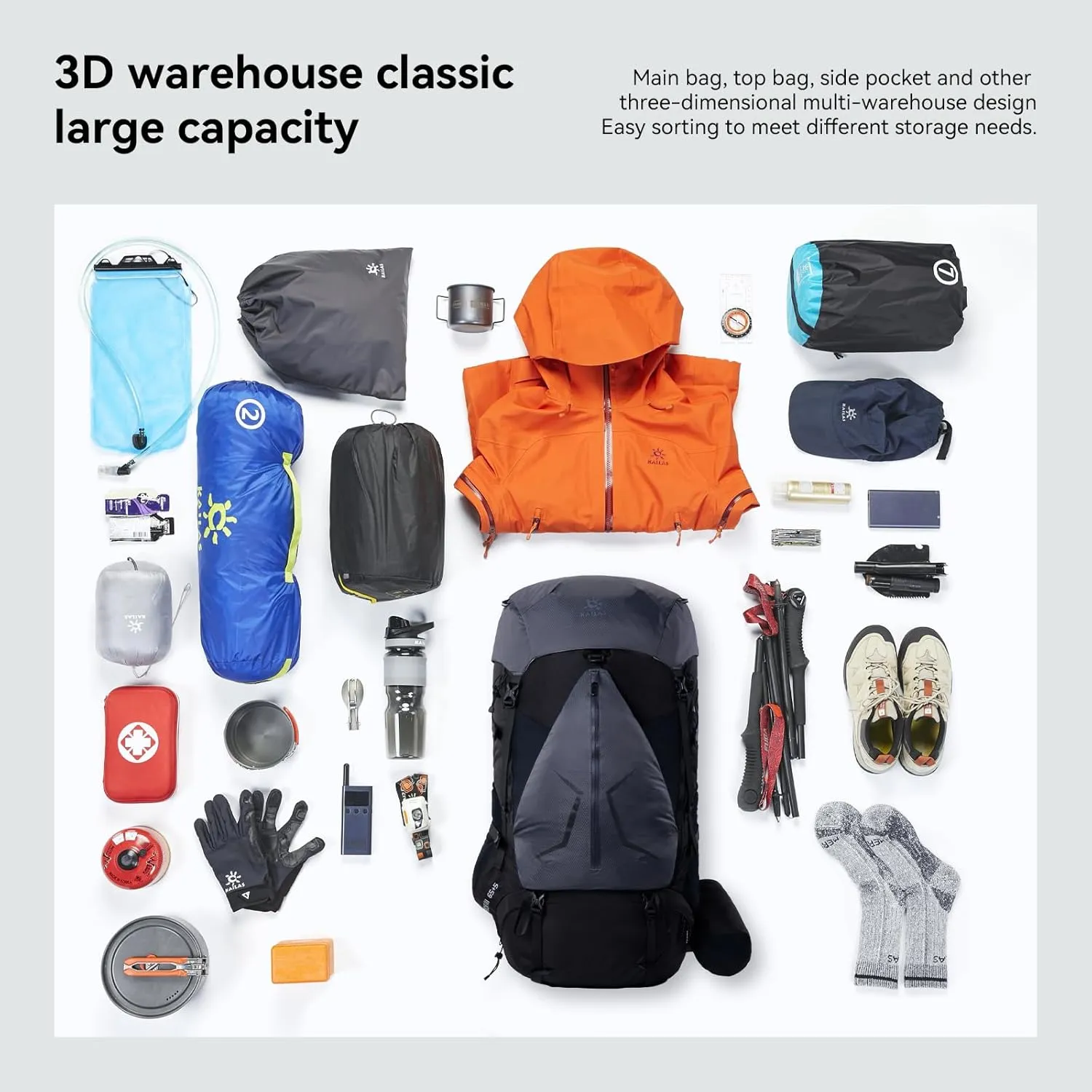 KAILAS RIDGE III 65 5L Hiking Backpack Trekking Daypack Outdoor Backpacking Waterproof Lightweight Internal Frame Backpack for Traveling Camping with Rain Cover Dark Black S