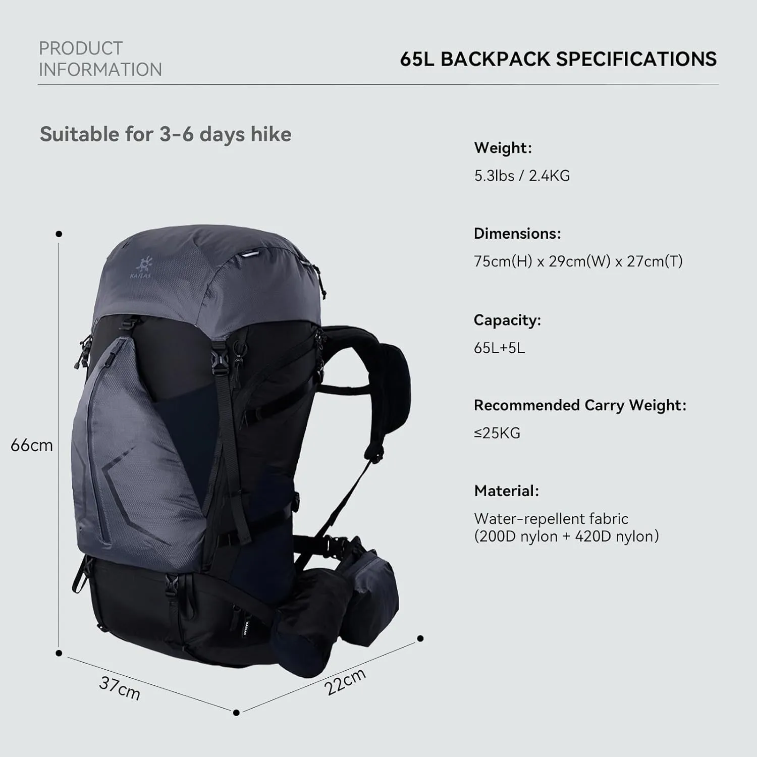 KAILAS RIDGE III 65 5L Hiking Backpack Trekking Daypack Outdoor Backpacking Waterproof Lightweight Internal Frame Backpack for Traveling Camping with Rain Cover Dark Black S