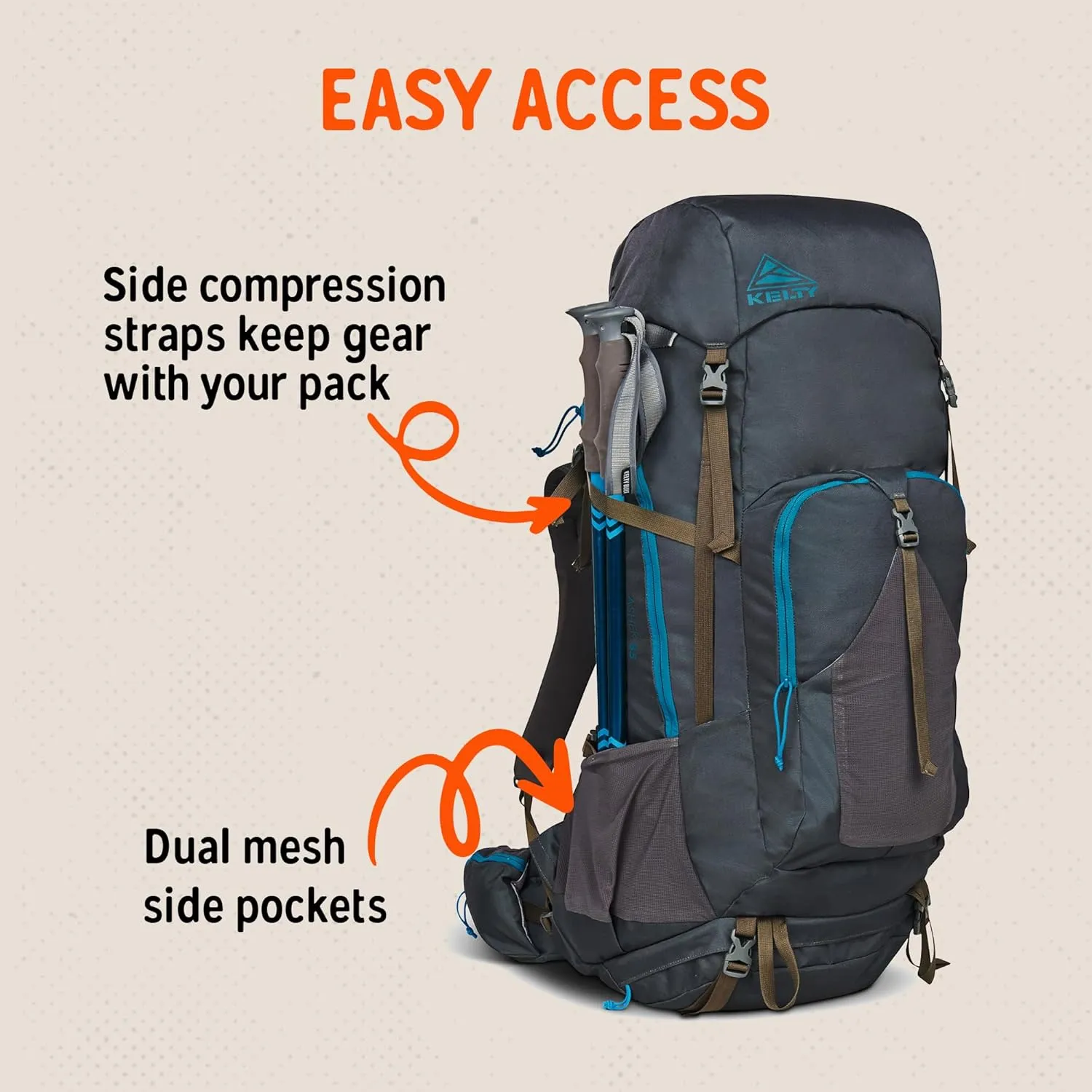 Kelty Asher Day Hiking Pack, 18-85 Liter Capacity, Hiking, Backpacking, Travel Pack, Internal Frame 2023 Model (85L Beluga)