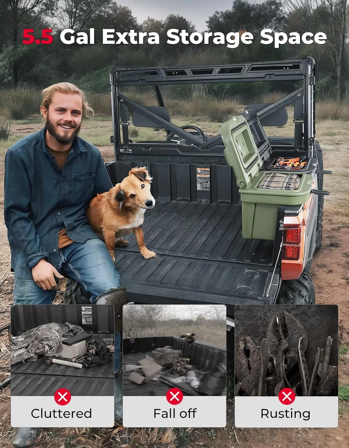 KEMIMOTO UTV Bed Storage Box 5.5GAL Compatible with Polaris Ranger 1000 XP 900 800 700 570 500, Polaris General 1000 Cargo Box Hard 21L Bed Toolbox, Green