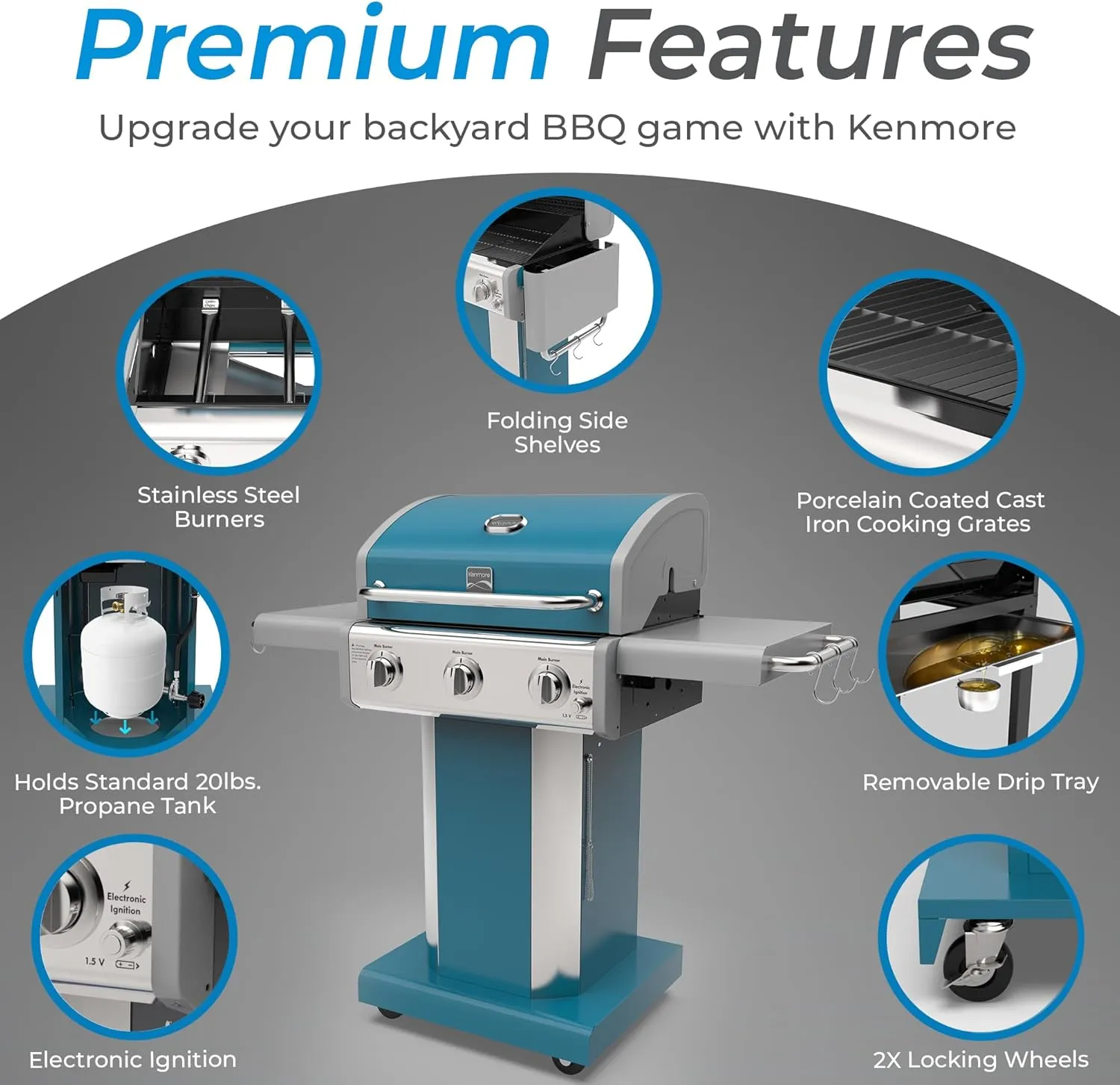 Kenmore 3-Burner Propane BBQ Grill, 30,000 BTUs Gas Grill with Cast Iron Cooking Grates, Folding Side Tables & Wheels, Outdoor Grill with Tool Hooks, Teal