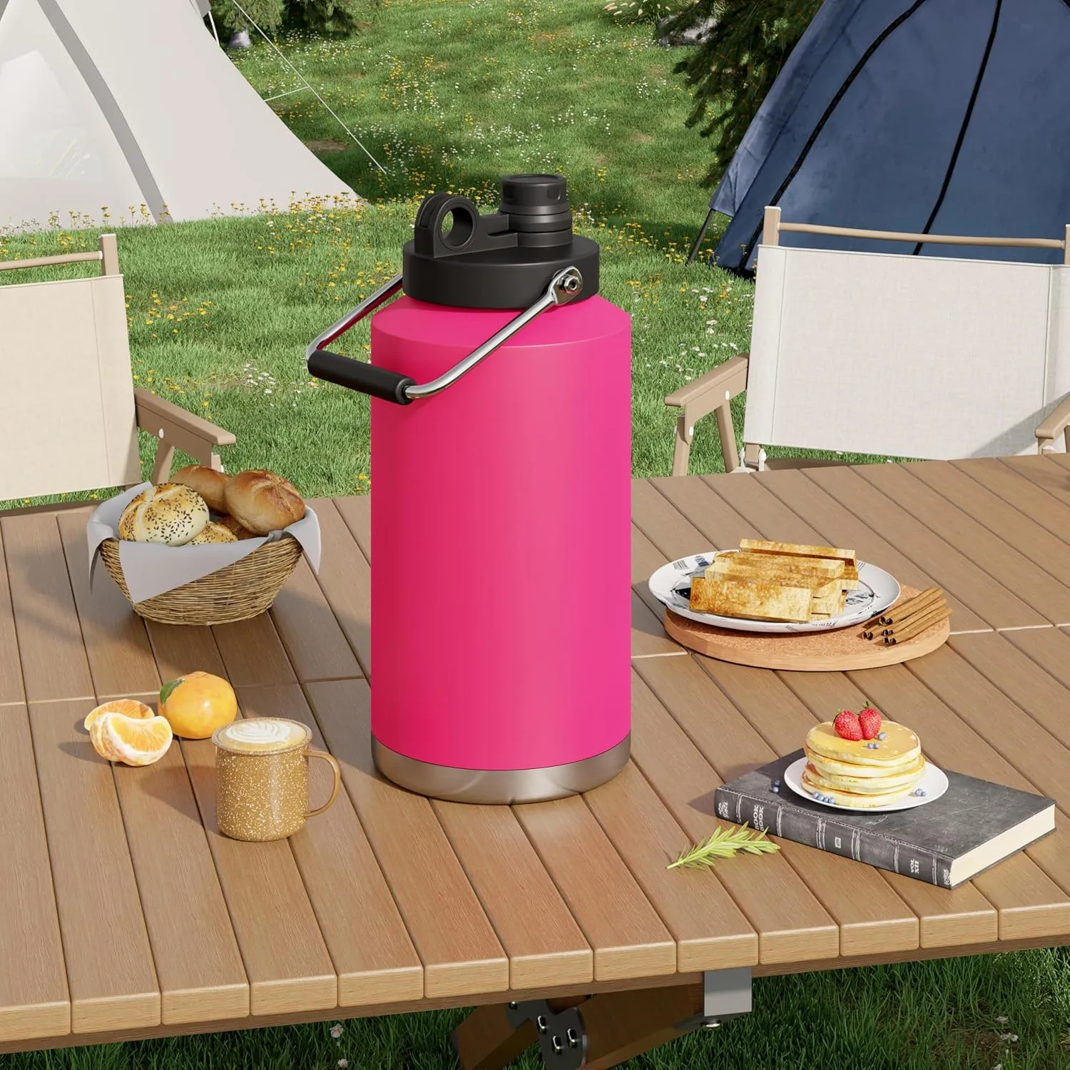 Kerilyn Insulated Gallon Jug with Handle, One Gallon, 128oz Stainless Steel, Large Double Vacuum Water Bottle for Hot & Cold Drinks, Wide Mouth, Sweat Proof, Great for Travel, Camping, Pink
