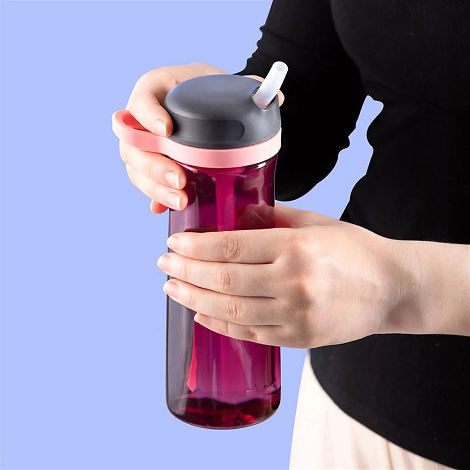 kettles Tritan Material Sports Bottle with Straw,Simple Water Bottles for Fitness/Travel/Camping,21.6oz Large Cups,Portable Handle canteen(B)