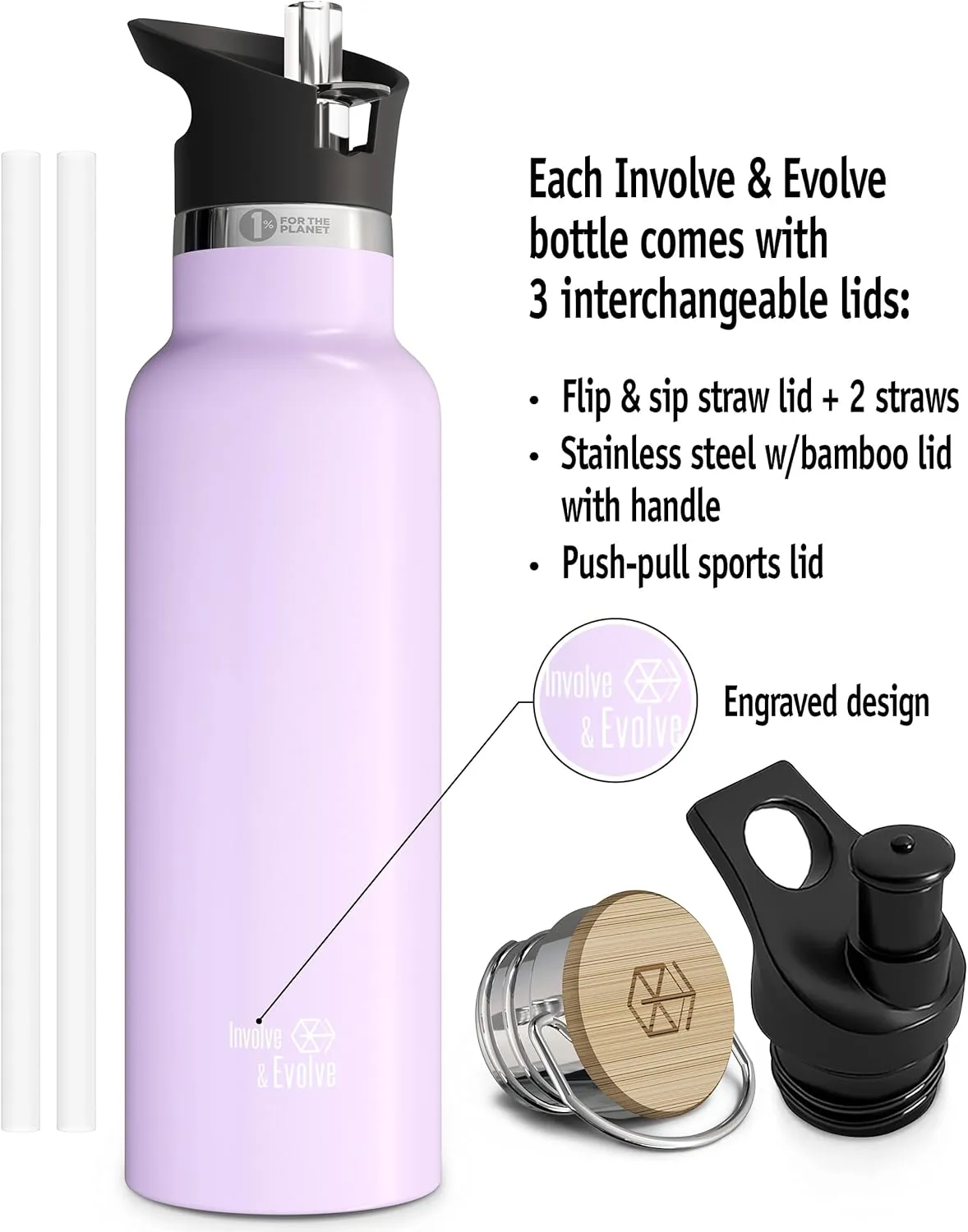 Kids Water Bottle Easy-Sip Straw Lid Leak-Proof Insulated Stainless Steel Thermos Perfect for School & Pickleball 3 Lids BPA-Free Keeps Drinks Cold for 24 Hours (Purple 17oz)