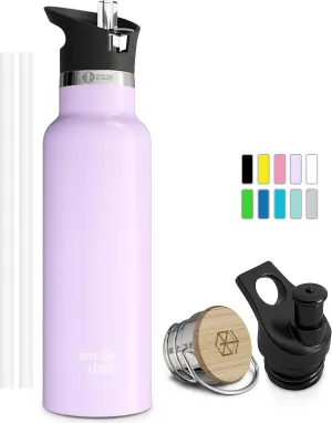Kids Water Bottle Easy-Sip Straw Lid Leak-Proof Insulated Stainless Steel Thermos Perfect for School & Pickleball 3 Lids BPA-Free Keeps Drinks Cold for 24 Hours (Purple 17oz)