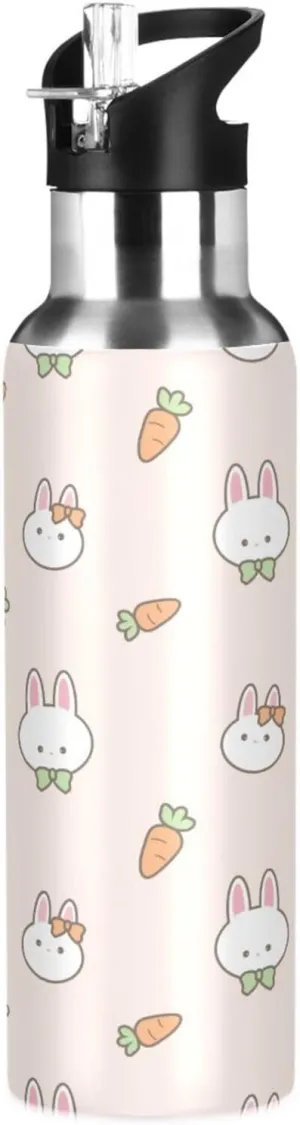 Kigai Bunny Carrot Insulated Water Bottle with Straw Lid BPA-Free 20 oz Double Wall Vacuum Stainless Steel Leakproof Sports Water Bottle for Travel Fitness Gym