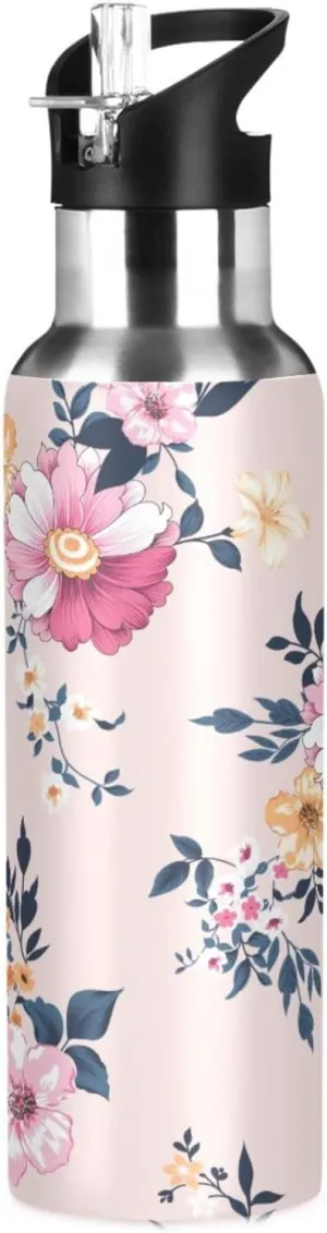 Kigai Colorful Flower Insulated Water Bottle with Straw Lid BPA-Free 20 oz Double Wall Vacuum Stainless Steel Leakproof Sports Water Bottle for Travel Fitness Gym