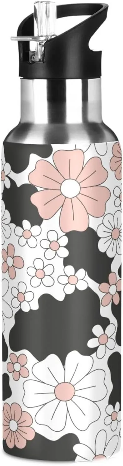 Kigai Cow Print Flower Insulated Water Bottle with Straw Lid BPA-Free 20 oz Double Wall Vacuum Stainless Steel Leakproof Sports Water Bottle for Travel Fitness Gym