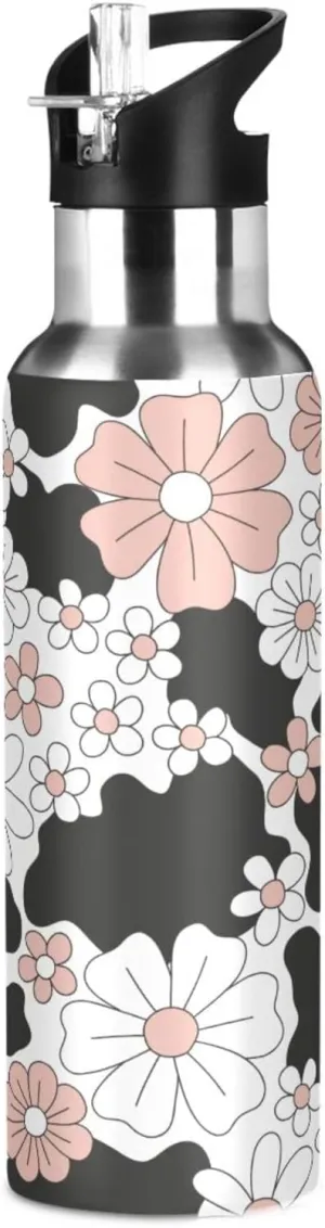 Kigai Cow Print Flower Insulated Water Bottle with Straw Lid BPA-Free 20 oz Double Wall Vacuum Stainless Steel Leakproof Sports Water Bottle for Travel Fitness Gym
