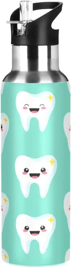 Kigai Cute Cartoon Teeth Insulated Water Bottle with Straw Lid BPA-Free 20 oz Double Wall Vacuum Stainless Steel Leakproof Sports Water Bottle for Travel Fitness Gym