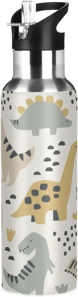 Kigai Cute Dinosaur Insulated Water Bottle with Straw Lid BPA-Free 20 oz Double Wall Vacuum Stainless Steel Leakproof Sports Water Bottle for Travel Fitness Gym