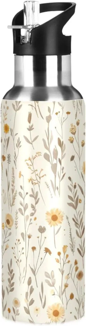 Kigai Daisy Flower Insulated Water Bottle with Straw Lid BPA-Free 20 oz Double Wall Vacuum Stainless Steel Leakproof Sports Water Bottle for Travel Fitness Gym