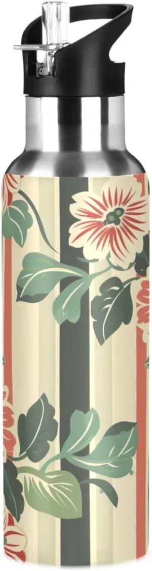 Kigai Flower Stripes Insulated Water Bottle with Straw Lid BPA-Free 20 oz Double Wall Vacuum Stainless Steel Leakproof Sports Water Bottle for Travel Fitness Gym