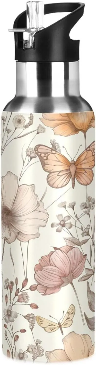 Kigai Flowers and Butterflies Insulated Water Bottle with Straw Lid BPA-Free 20 oz Double Wall Vacuum Stainless Steel Leakproof Sports Water Bottle for Travel Fitness Gym