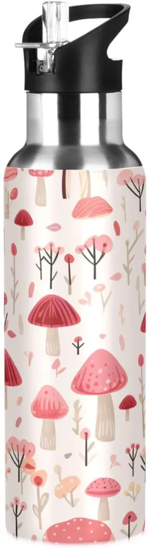 Kigai Mushroom Insulated Water Bottle with Straw Lid BPA-Free 20 oz Double Wall Vacuum Stainless Steel Leakproof Sports Water Bottle for Travel Fitness Gym